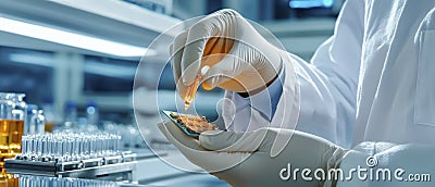 Scientist in Laboratory Conducting Research with Pipette, Studying Microchip Component in Clean Environment, Focus on Precision Stock Photo
