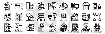 Dedicated server icons set. Data center management and cloud computing connecting global networks Vector Illustration