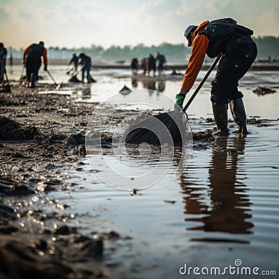 Dedicated volunteers sweep trash from the sea with rakes. Stock Photo