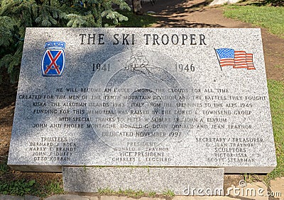 Dedication stone in the Tenth Mountain Division Memorial in Silfer Square in Vail Village, Colorado. Editorial Stock Photo