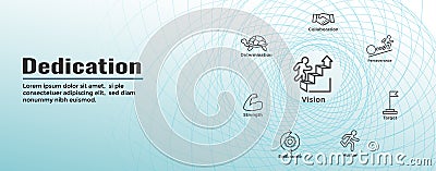 Dedication, Vision and Values Web Header Banner with Connection, Growth, Focus, and Quality Vector Illustration