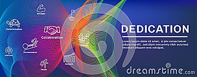 Dedication, Vision and Values Web Header Banner with Connection, Growth, Focus, and Quality Vector Illustration