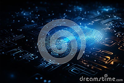 Deep blue backdrop features fingerprint scan combined with binary code Stock Photo
