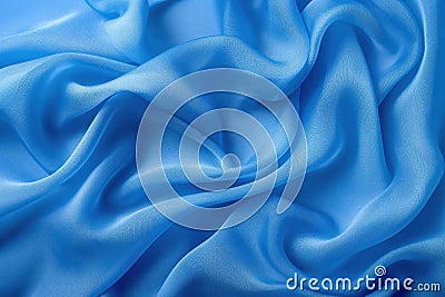 Deep blue fabric texture with wave-like pattern. Soft shiny material possibly silk or satin. Gentle curls towards center adding Stock Photo