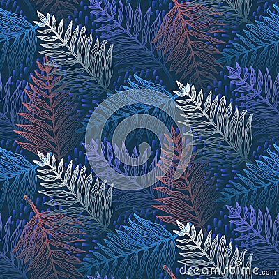Deep blue magic pattern with tropical fern leaves Vector Illustration