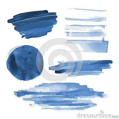 Deep blue watercolor shapes, splotches, stains, paint brush strokes. Abstract watercolor texture backgrounds set. Vector Illustration
