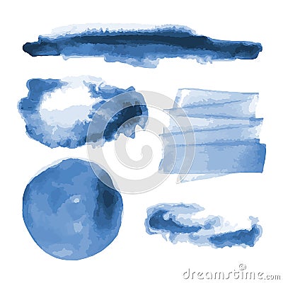 Deep blue watercolor shapes, splotches, stains, paint brush strokes. Abstract watercolor texture backgrounds set. Deep blue. Navy Vector Illustration