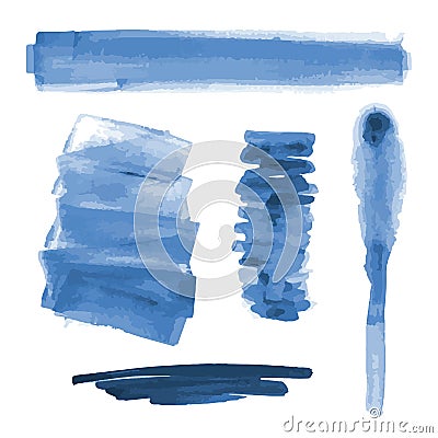 Deep blue watercolor shapes, splotches, stains, paint brush strokes. Abstract watercolor texture backgrounds set. Vector Illustration