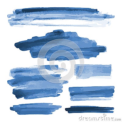 Deep blue watercolor shapes, splotches, stains, paint brush strokes. Abstract watercolor texture backgrounds set. Vector Illustration