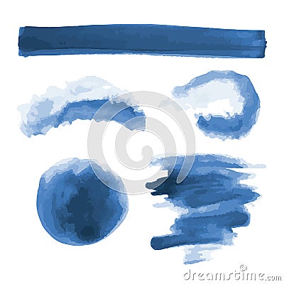 Deep blue watercolor shapes, splotches, stains, paint brush strokes. Abstract watercolor texture backgrounds set. Vector Illustration