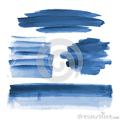 Deep blue watercolor shapes, splotches, stains, paint brush strokes. Abstract watercolor texture backgrounds set. Vector Illustration