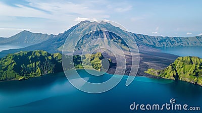 The deep blue waters of a tranquil lake surround a towering volcano its sides charred black from recent eruptions Stock Photo