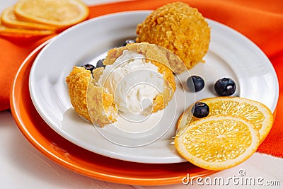 Deep Breaded Fried Icecream Ball Dessert Close-up Stock Photo