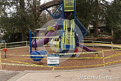 View of sign Playground Closed due to COVID-19Coronavirus in Panorama Park Editorial Stock Photo