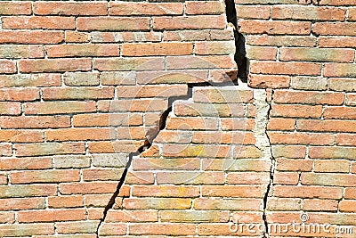 Deep crack in old brick wall - concept image Stock Photo
