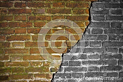 Deep crack in old brick wall - concept image with copy space Stock Photo