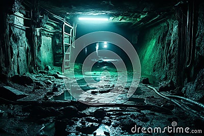 Deep, dark dungeon with slimy green walls and faint blue light glowing Stock Photo