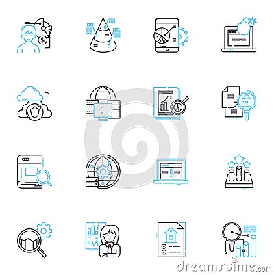 Deep data dives linear icons set. Analytics, Insights, Discovery, Investigation, Evaluation, Examination, Mapping line Vector Illustration