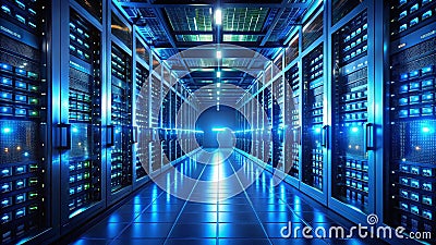 A Deep Dive into a Futuristic Data Center CuttingEdge Technology in a LowLight Environment HighPerformance Computing Stock Photo
