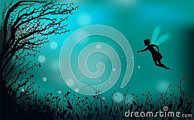 Deep fairy forest silhouette at night with fairy girl and fireflies, Vector Illustration