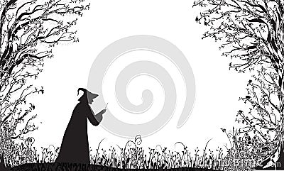 Deep fairy forest silhouette and witch with magic wand, halloween fairy Vector Illustration