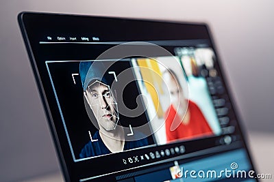 Deep fake, AI and face swap in video edit. Deepfake and machine learning. Facial tracking, detection and recognition technology. Stock Photo