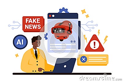 Deep fake, stop AI for social media, television news, tiny man with warning messages Vector Illustration