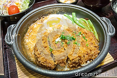 Deep Fired pork boiled with fresh egg top on the rice bowl. Stock Photo
