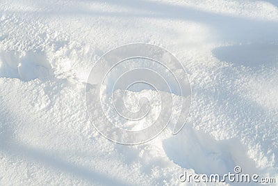 Deep footprints in white pure snow. Snowy winter, thick layer of snow after heavy snowfall Stock Photo