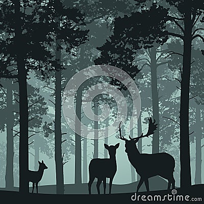 Deep forest with deer, doe and fawn Vector Illustration