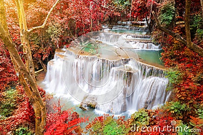Deep forest waterfall in autumn scene at Huay Mae Kamin waterfall National Park Kanjanaburi Thailand Stock Photo
