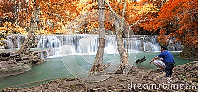 Deep forest waterfall in autumn scene at Huay Mae Kamin waterfall Stock Photo