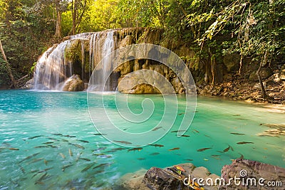 Deep forest waterfall at Erawan waterfall locate in National Park Kanjanaburi Stock Photo