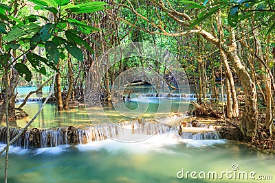 Deep forest Waterfall in Kanchanaburi (Huay Mae Kamin) Stock Photo