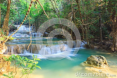 Deep forest Waterfall in Kanchanaburi (Huay Mae Kamin) Stock Photo