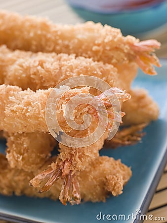 Deep Fried Breaded Japanese Tiger Prawns with Miri Stock Photo