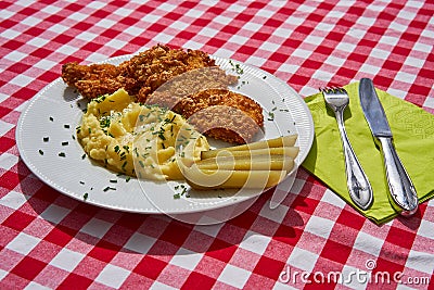 Deep fried chicken escalope or schnitzel with mashed potatoes. Stock Photo