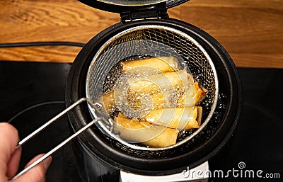 Deep fried fritted vegetable spring rolls inside special deep fryer electrical machine pot, boiling in hot cooking oil. Stock Photo