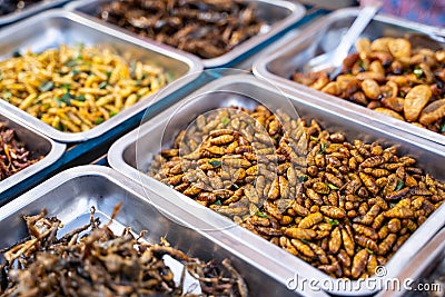 Deep fried insects weird food at Khao San Road Bangkok Stock Photo