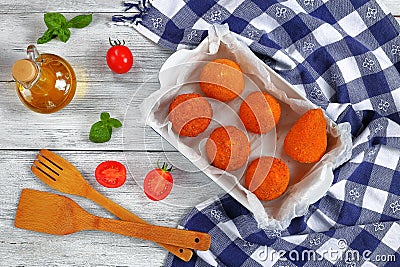 Deep fried sicilian arancini, top view Stock Photo