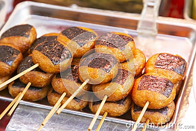 Deep fried skewers Chinese street food in Nankin-machi neighborhood in Kobe, Japan. Stock Photo