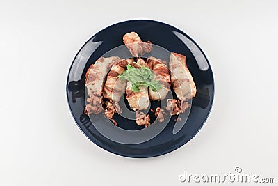 Deep Fried squid with garlic on white table eat with jasmin rice. Asian Thai food. Stock Photo