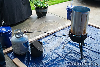 Deep frying a homemade turkey safely. Full setup and gear Stock Photo