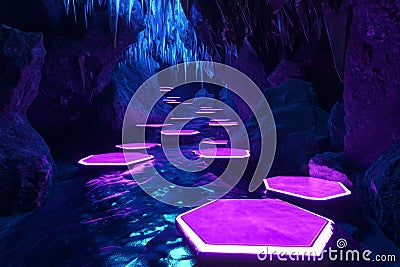 A deep, futuristic abyss where hexagonal stepping stones float over an endless digital void. The Stock Photo