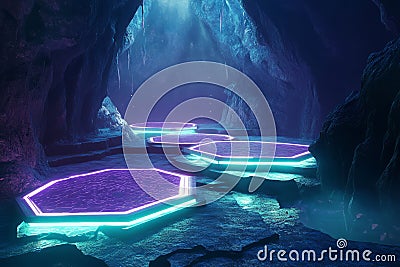 A deep, futuristic abyss where hexagonal stepping stones float over an endless digital void. The Stock Photo