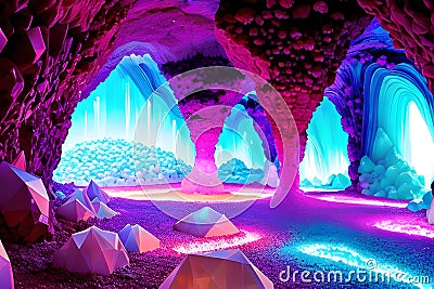 intricate crystal formations in a cavern that emit a soft colorful glow generated by ai Stock Photo