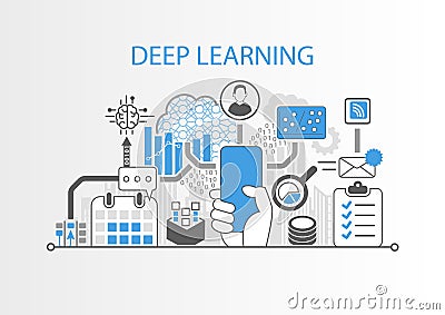 Deep learning concept with hand holding modern bezel free smartphone Vector Illustration