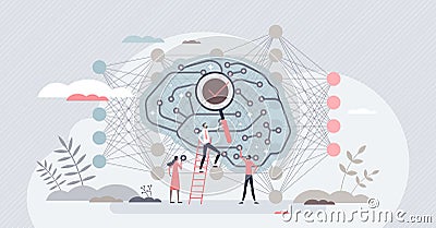 Deep learning neural network connection research for AI tiny person concept Vector Illustration
