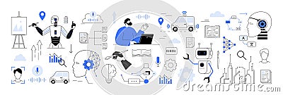 Deep learning, neural networks, natural language processing NLP, and automation elements across various industries Vector Illustration