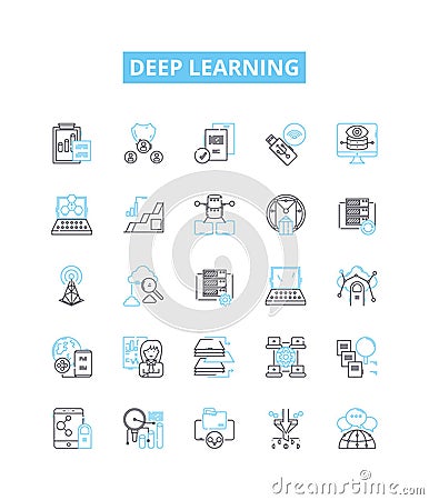Deep learning vector line icons set. Deep, Learning, Neural, Networks, AI, Machine, Learning illustration outline Vector Illustration